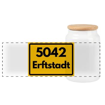 ALTE POSTLEITZAHL 5042 PLZ 50374 ERFTSTADT NRW - Panorama Keksdose mit Holzdeckel - Weiß - Vorne