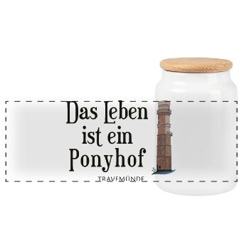 Ponyhof-Leben am Travemünder Leuchtturm - Panorama Keksdose mit Holzdeckel - Weiß - Vorne