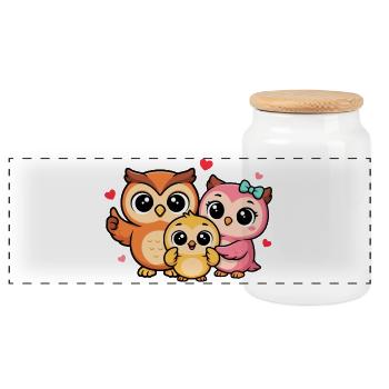 Trio de la famille Chouette Robuste - Boîte à biscuits avec couvercle en bois - blanc - Devant