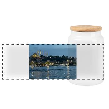 Night Bosphorus Istanbul - Panoramic Cookie Jar with Wooden Lid - white - Front