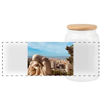 Classic sculpture over the city - Panoramic Cookie Jar with Wooden Lid - white - Front