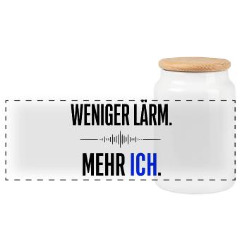 Weniger Lärm - mehr Ich  Statment  - Panorama Keksdose mit Holzdeckel - Weiß - Vorne