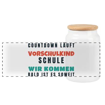 Vorschulkind Countdown Schule wir kommen 2026 - Panorama Keksdose mit Holzdeckel - Weiß - Vorne
