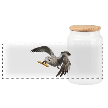Möwe mit Pommes frites - Panorama Keksdose mit Holzdeckel - Weiß - Vorne