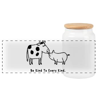 Be Kind To Every Kind Vegan Cow Pig - Panoramic Cookie Jar with Wooden Lid - white - Front