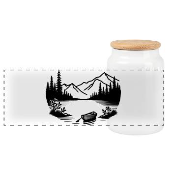Minimalist mountain lake with rowing boat - Panoramic Cookie Jar with Wooden Lid - white - Front