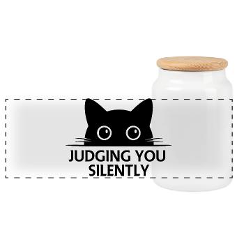 Black Cat Cute Cats Face Line Art - Panoramic Cookie Jar with Wooden Lid - white - Front