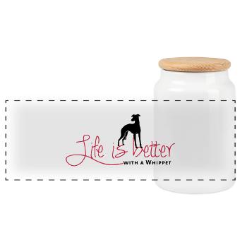 Life is better with a Whippet - Panorama Keksdose mit Holzdeckel - Weiß - Vorne