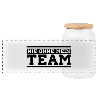 nie_ohne_mein_team_01 - Panorama Keksdose mit Holzdeckel - Weiß - Vorne