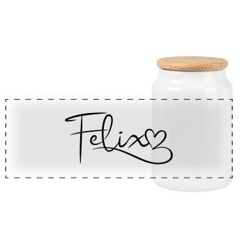 Felix, last name, first name, heart décor - Panoramic Cookie Jar with Wooden Lid - white - Front