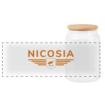 Nicosia Design – Capital of Cyprus - Panoramic Cookie Jar with Wooden Lid - white - Front