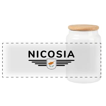 Nicosia Design – Capital of Cyprus - Panoramic Cookie Jar with Wooden Lid - white - Front