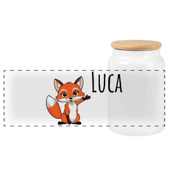 Fuchs - Mein Name ist Luca - Süßes Waldtier - Panorama Keksdose mit Holzdeckel - Weiß - Vorne