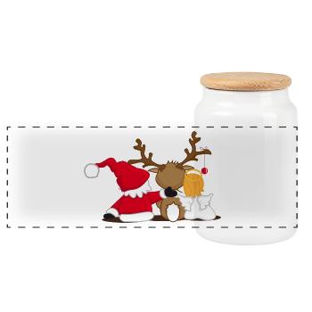 Christmas figures hugged from behind with arms - Panoramic Cookie Jar with Wooden Lid - white - Front