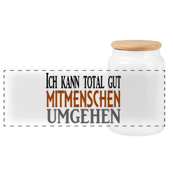 Mitmenschen umgehen - cooler Spruch - Panorama Keksdose mit Holzdeckel - Weiß - Vorne