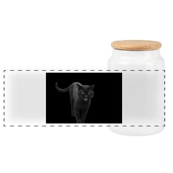 black cat kitten cat - Panoramic Cookie Jar with Wooden Lid - white - Front