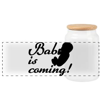 Bébé arrive Naissance, Grossesse, Cadeau - Boîte à biscuits avec couvercle en bois - blanc - Devant