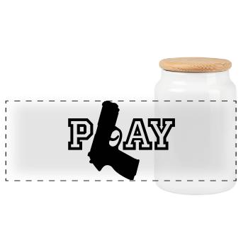 Play | Gun | Waffe - Panoramic Cookie Jar with Wooden Lid - white - Front