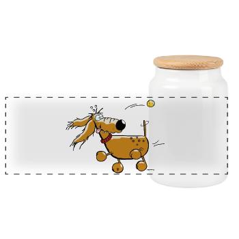 "Reingefallen" - Hund - Dackel - Flyball - Panorama Keksdose mit Holzdeckel - Weiß - Vorne