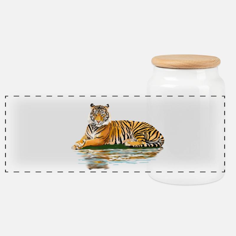 tiger - Panoramic Cookie Jar with Wooden Lid - white