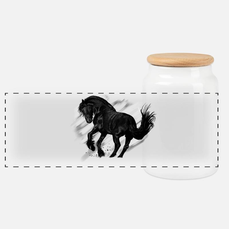 Eleganter Schwarz-Weiß-Pferd im Galopp - Panorama Keksdose mit Holzdeckel - Weiß