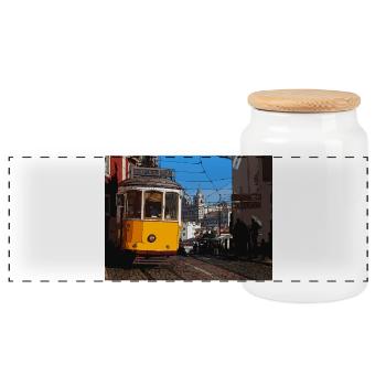 Tram à Lisbonne - Boîte à biscuits avec couvercle en bois - blanc - Devant