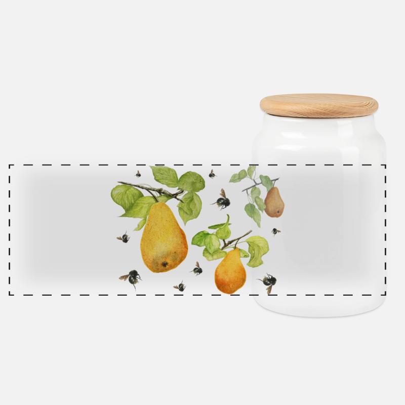Pears and bumblebees - Panoramic Cookie Jar with Wooden Lid - white