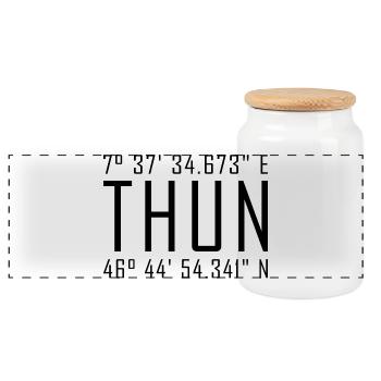Thun Coordinates – Typography with Local Reference Besch - Panoramic Cookie Jar with Wooden Lid - white - Front