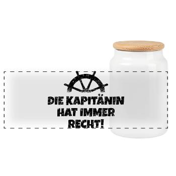 Die Kapitänin hat immer Recht Boot & Segeln - Panorama Keksdose mit Holzdeckel - Weiß - Vorne
