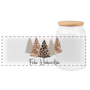 Frohe Weihnachten Glitzer Tannenbaum Leopard - Panorama Keksdose mit Holzdeckel - Weiß - Vorne