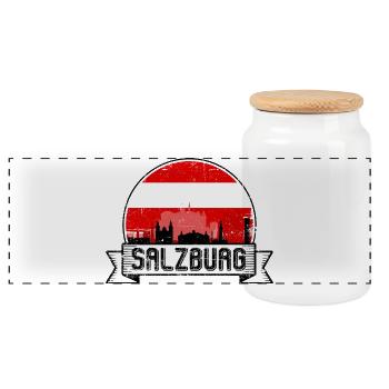 Salzburg Skyline Vintage Abzeichen - Panorama Keksdose mit Holzdeckel - Weiß - Vorne