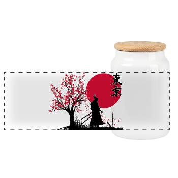 Samurai Shadow Slayer | HDR Graphics Japanese Art - Panoramic Cookie Jar with Wooden Lid - white - Front