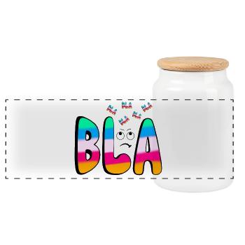 BLA BLA BLA Regenbogenschrift auf Schwarz - Panorama Keksdose mit Holzdeckel - Weiß - Vorne