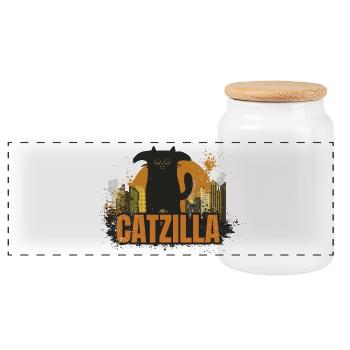 Catzilla. Cat monster - Panoramic Cookie Jar with Wooden Lid - white - Front
