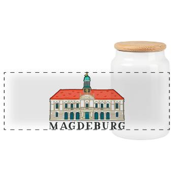 Magdeburg, altes Rathaus, Deutschland Zeichnung - Panorama Keksdose mit Holzdeckel - Weiß - Vorne