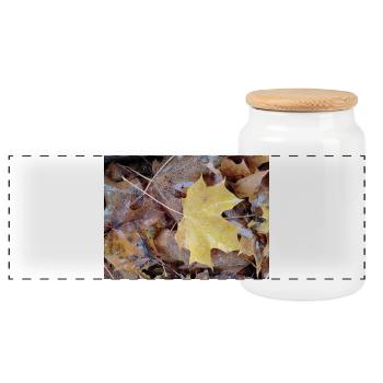 Yellow maple leaf also rainy autumn carpet - Panoramic Cookie Jar with Wooden Lid - white - Front