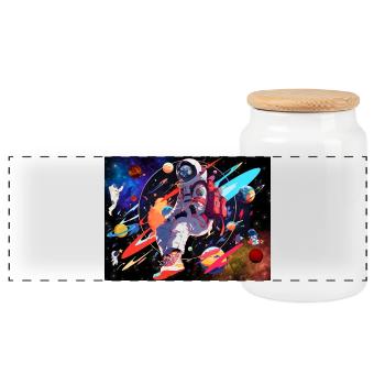 Astronaut and space - Panoramic Cookie Jar with Wooden Lid - white - Front