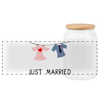 GERADE VERHEIRATET. Junggesellinnenabschied. VALENTINSTAG. PAAR - Panorama Keksdose mit Holzdeckel - Weiß - Vorne