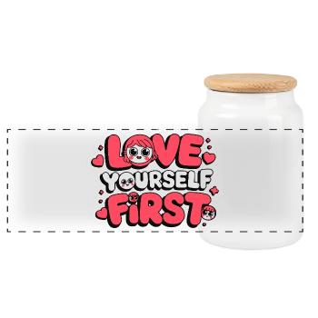 love yourself first Galentine's Day 2026 - Panoramic Cookie Jar with Wooden Lid - white - Front