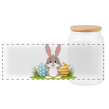 Happy Easter bunny with colorful Easter eggs - Panoramic Cookie Jar with Wooden Lid - white - Front