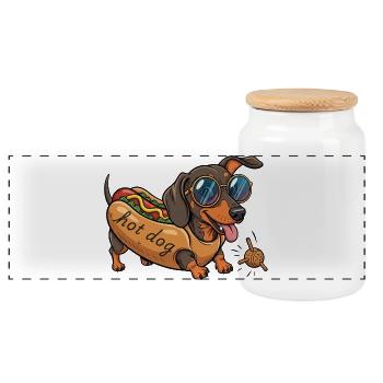 Spielender Dackel als Hot Dog - Panorama Keksdose mit Holzdeckel - Weiß - Vorne