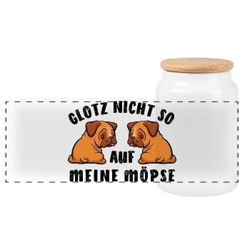 Mops - Glotz nicht so auf meine Möpse - Kostüm - Panorama Keksdose mit Holzdeckel - Weiß - Vorne