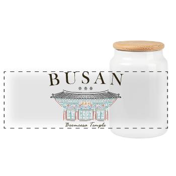 Busan, Corée du Sud, Temple dessiné à la main - Boîte à biscuits avec couvercle en bois - blanc - Devant