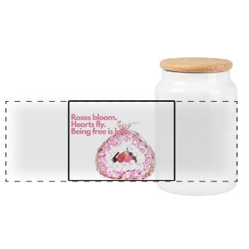 Floral Heart Wings Design - Panoramic Cookie Jar with Wooden Lid - white - Front