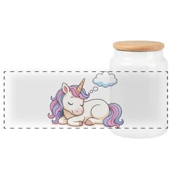 Sleeping unicorn with rainbow mane - Panoramic Cookie Jar with Wooden Lid - white - Front