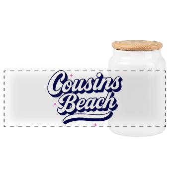 Cousins Beach – Retro Script Design - Panorama Keksdose mit Holzdeckel - Weiß - Vorne