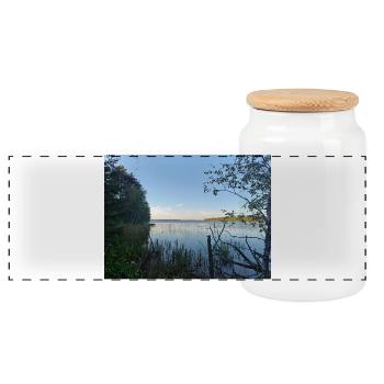 The peaceful lake scenery of the coast - Panoramic Cookie Jar with Wooden Lid - white - Front