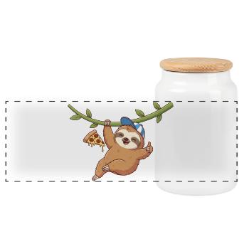 Cute sloth with pizza and cap - Panoramic Cookie Jar with Wooden Lid - white - Front
