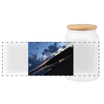 Sunset at the Lake with a Brick Boat - Panoramic Cookie Jar with Wooden Lid - white - Front