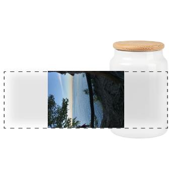 Lake view at sunset - Panoramic Cookie Jar with Wooden Lid - white - Front